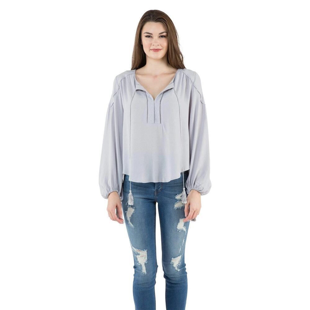 ASTR the Label Pale Grey Tie at Neck Wrist Ties Tassle Blouse Size Small
